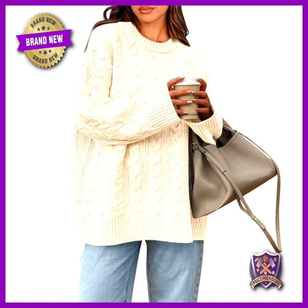 Oversized Cable Knit Pullover Sweater Loose Fit Chunky Cozy Crewneck